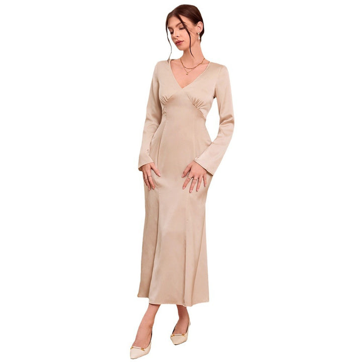 Damen elegantes Midi-Kleid mit V-Ausschnitt und lange Ärmel Drune