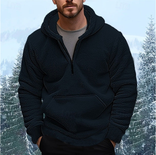 Herren sherpa fleece-hoodie mit halbem Reißverschluss, Kapuze und großer Kängurutasche Drune