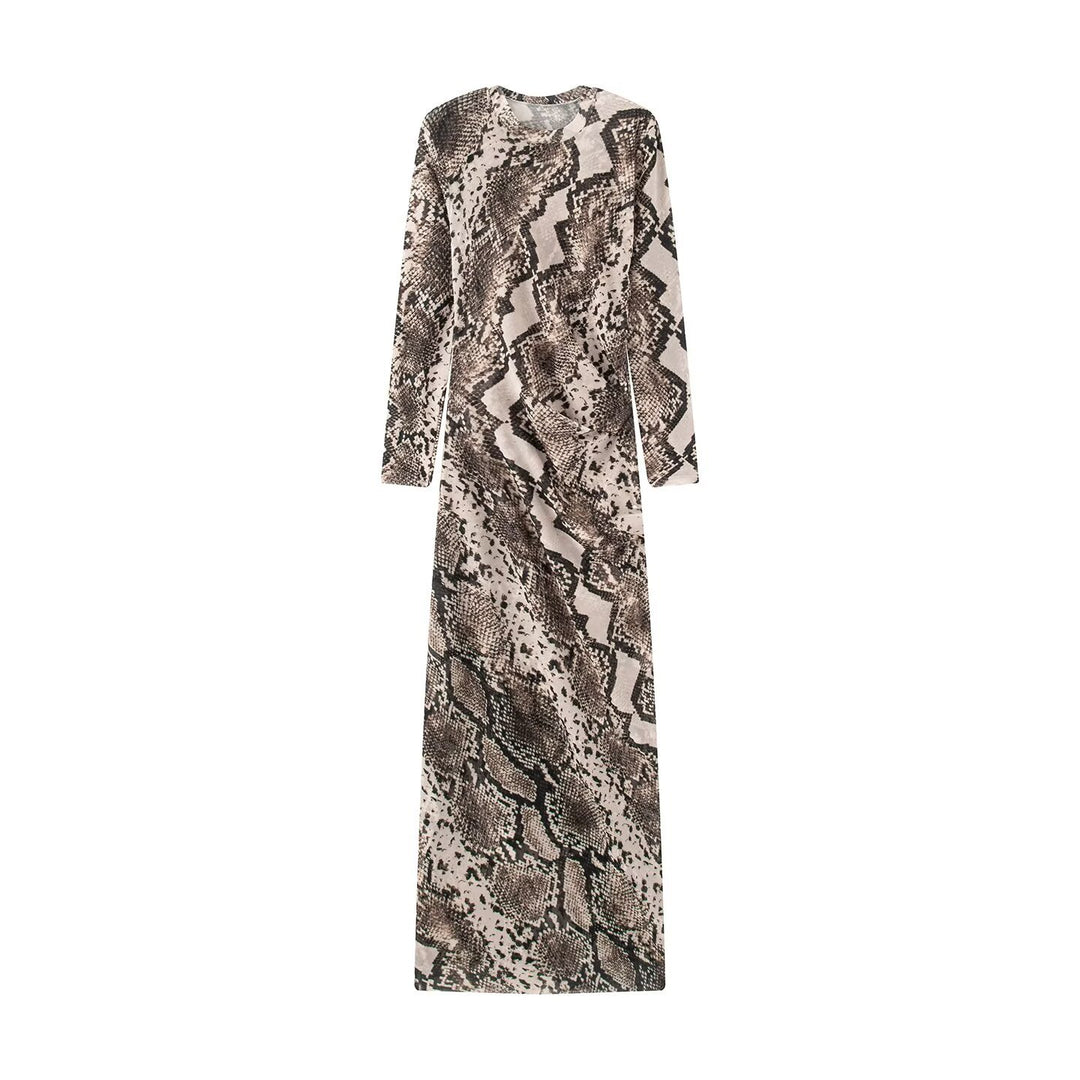 Damen Langes Bodycon-Maxikleid mit Rundhals und Schlangenprint Drune