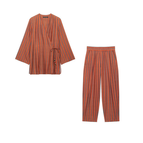 Damen Culotte-Hose mit weitem Bein, elastischem Bund und vertikalen Streifen Drune