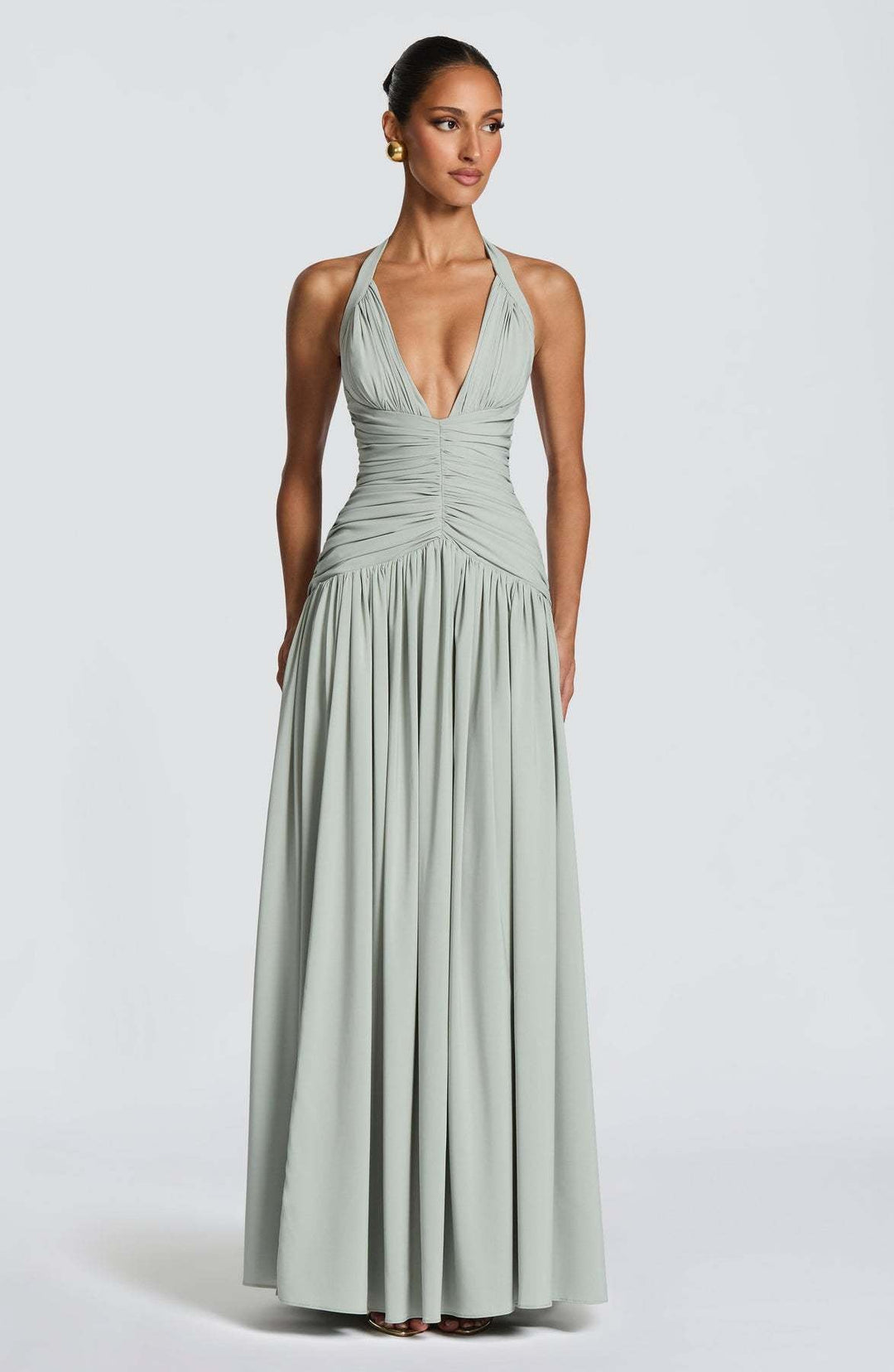 Damen Elegantes Maxikleid mit halterlosem Ausschnitt und raffiniertem Faltenwurf Drune