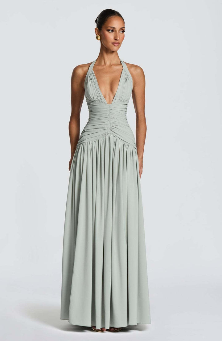 Damen Elegantes Maxikleid mit halterlosem Ausschnitt und raffiniertem Faltenwurf Drune