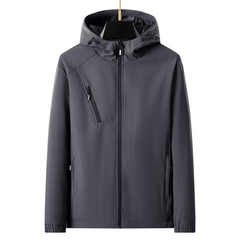 Herren leichte Softshell-Outdoorjacke mit ergonomischer Kapuze und diagonalem Brustreißverschluss Drune