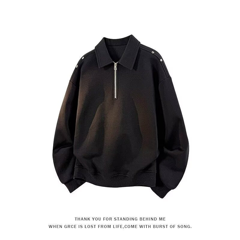 Herren Oversized Sweatshirt mit Reißverschluss-Kragen und Druckknopf-Schulterdetail Drune