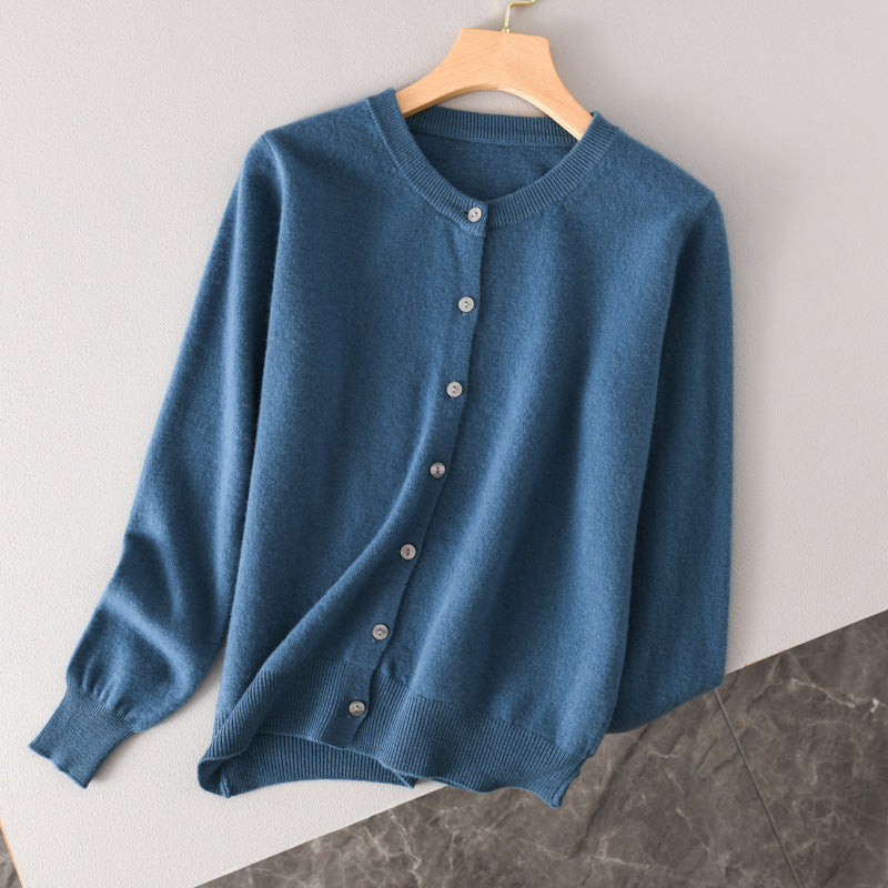 Damen Leichter Rundhals-Knopfcardigan in Kaschmiroptik mit feiner Rippkante und lässiger Silhouette Drune