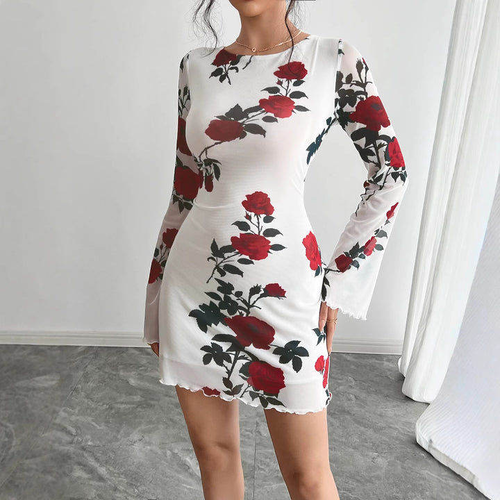 Damen nan figurbetontes Minikleid mit Rosenmuster und Trompetenärmeln Drune