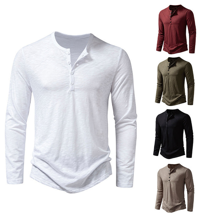 Herren Langarm-T-Shirt mit Knopfleiste und modischem Stehkragen Drune