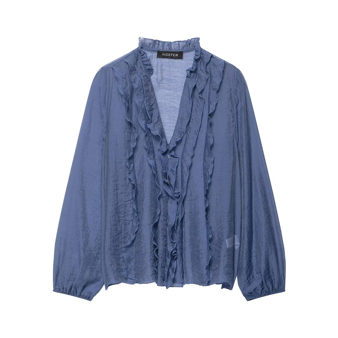 Damen Leichte Chiffon-Bluse mit Volantknopfleiste und Ballonärmeln Drune