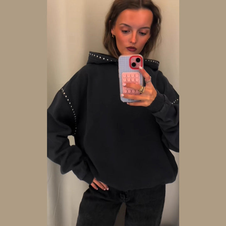 Damen Oversized Kapuzenpullover mit Nietenbesatz und Ballonärmeln Drune