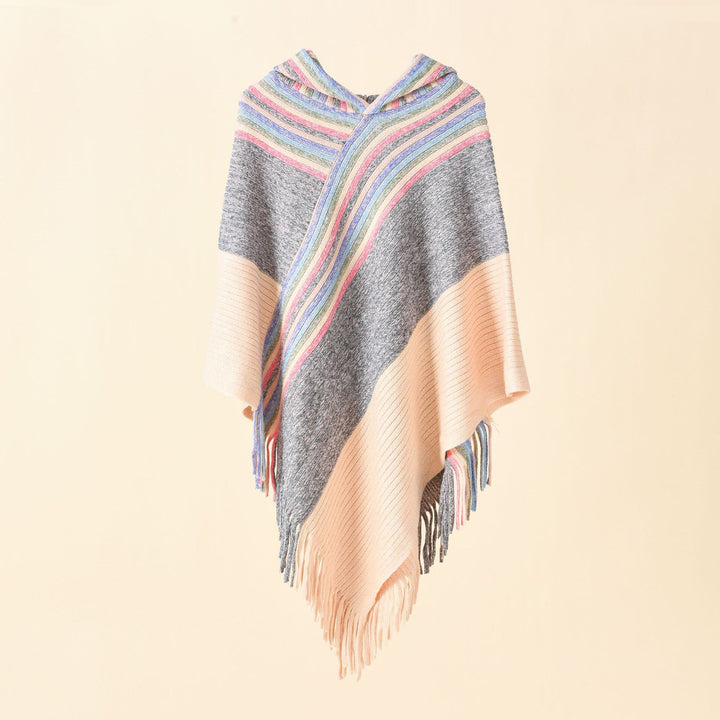 Damen Kapuzen-Poncho im Grobstrick mit Fransensaum Drune