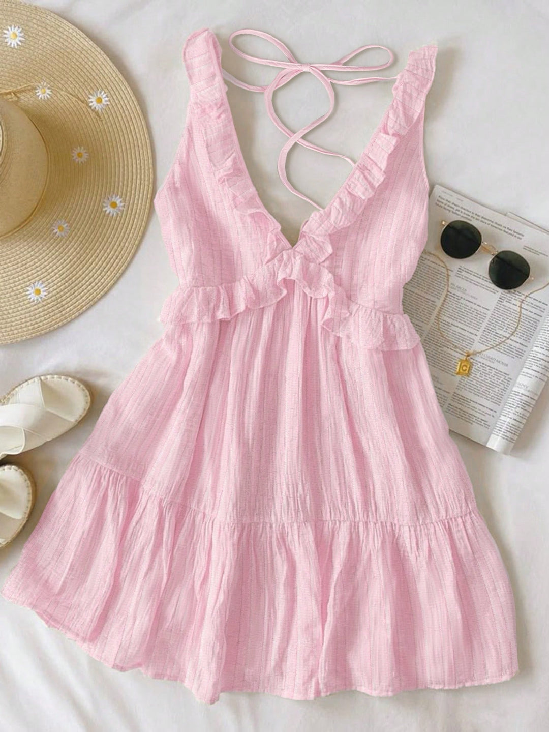 Damen luftiges Sommerkleid mit Volantdetails und verstellbarem Rückenschnürung Drune