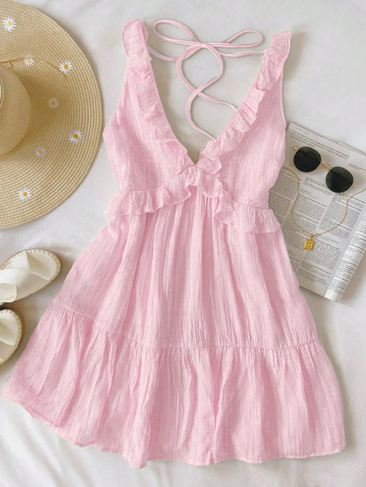 Damen luftiges Sommerkleid mit Volantdetails und verstellbarem Rückenschnürung Drune