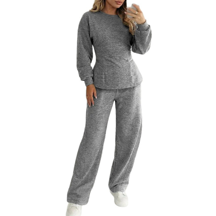 Damen Zweiteiliges Loungewear-Set aus Melange‑Jersey mit weitem Bein und Rundhalsausschnitt Drune