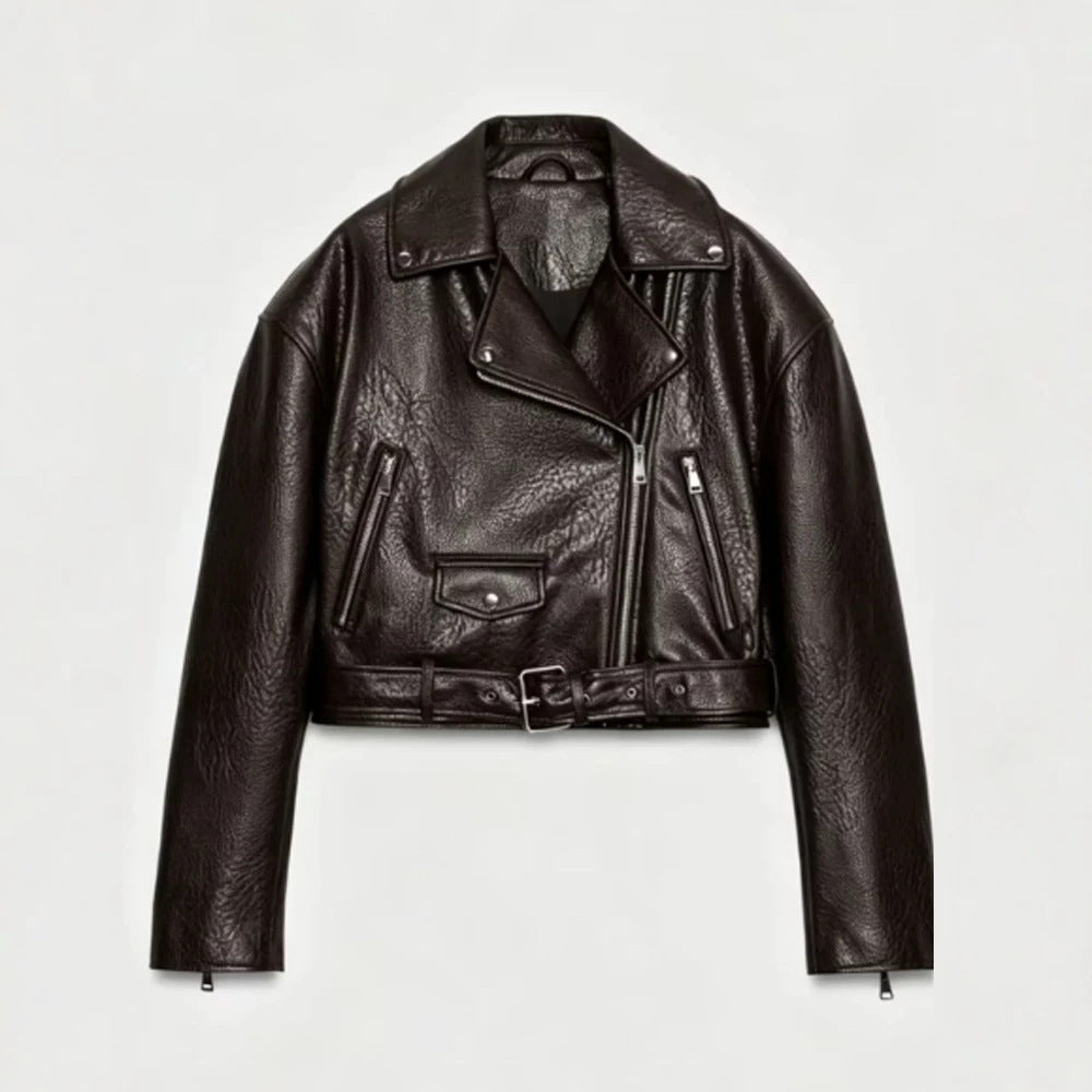 Damen Kurz geschnittene Bikerjacke aus Kunstleder mit Taillengürtel und asymmetrischem Reißverschluss Drune
