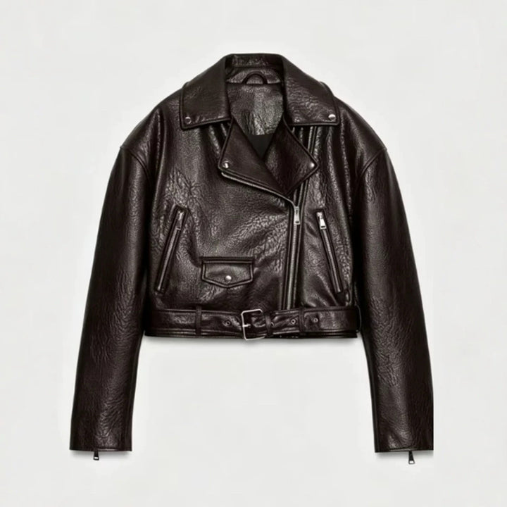 Damen Kurz geschnittene Bikerjacke aus Kunstleder mit Taillengürtel und asymmetrischem Reißverschluss Drune