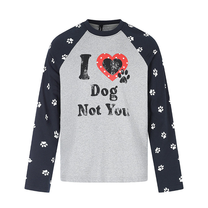 Damen Casual-Langarmshirt im Raglanstil mit Hunde-Pfotenmuster und Statement-Frontprint Drune