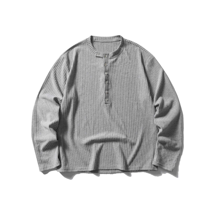 Unisex Gerippter Henley-Pullover mit Rundhals und durchgehender Knopfleiste Drune