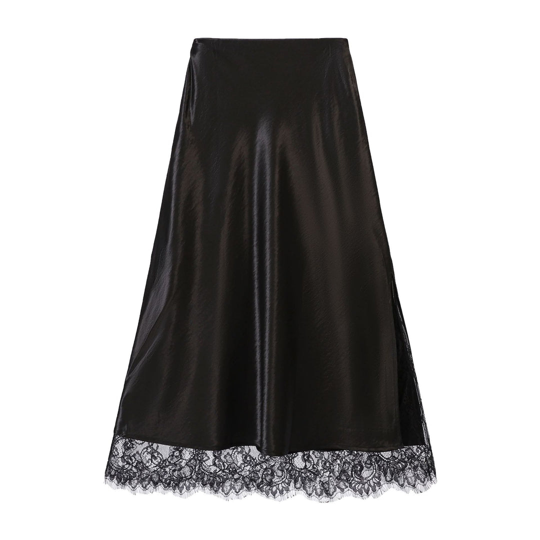 Damen nan ausgestellter Satin-Midirock mit feiner Spitzenunterlage und nahtlosem Taillenbund Drune