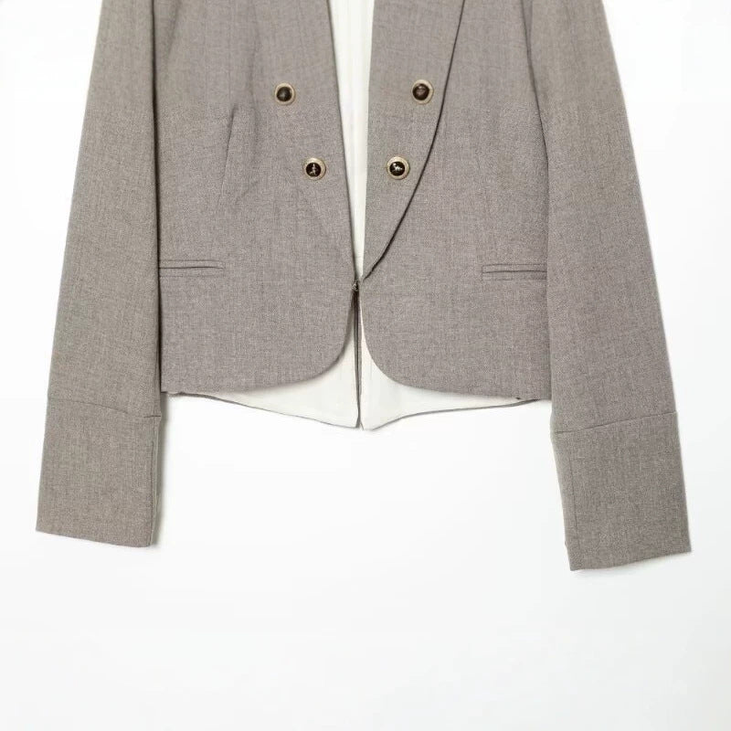 Damen Kurzblazer im Military-Stil mit Stehkragen und dekorativen Knopfreihen Drune