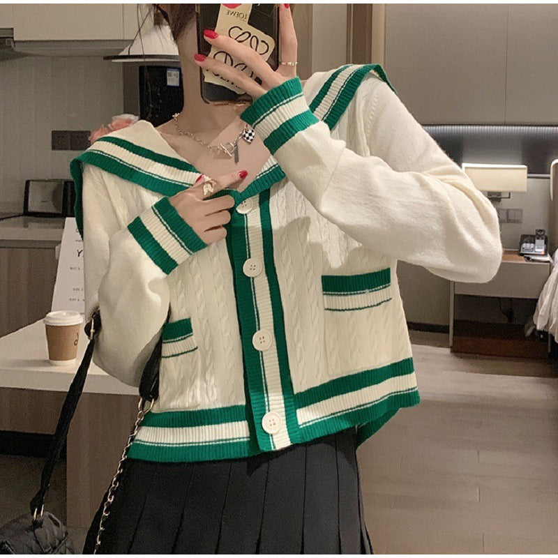 Damen lässige Strickjacke mit maritimem Kapuzenkragen und Knopfdetails Drune