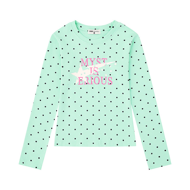 Damen Langarmshirt mit V-Ausschnitt, Polka-Dots und Statement-Print aus Baumwolljersey Drune