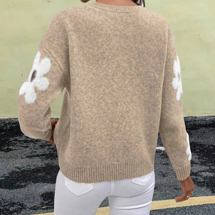 Damen Strickpullover mit floralem Muster und Rundhalsausschnitt Drune