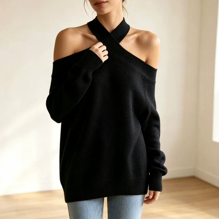 Damen Grobgestrickter schulterfreier Pullover mit überkreuztem Neckholder Drune