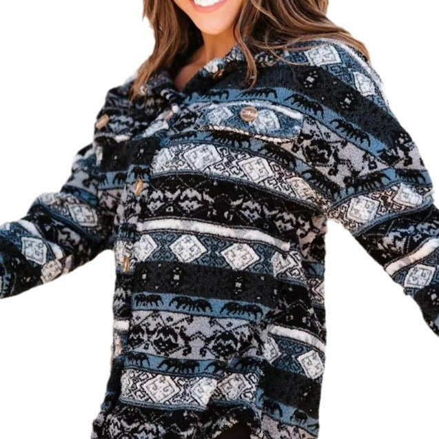 Damen Langärmlige Fleecejacke mit trendy Muster und Knopfleiste Drune