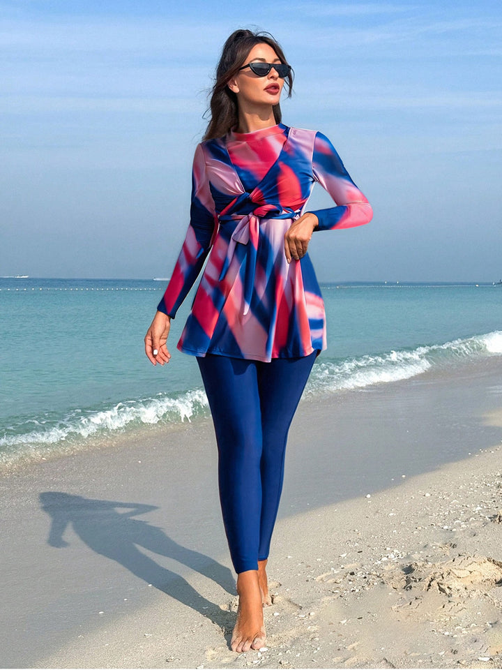 Damen modischer Strandanzug mit langen Ärmeln und femininem Wickeldetail Drune