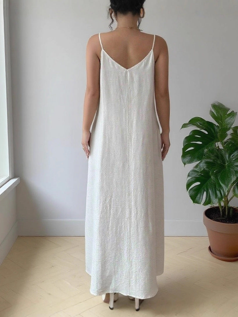 Drune | Damen Weiß Loose Idle Lange Slip Nachthemd Lässige Bequeme Oberbekleidung Hausbekleidung