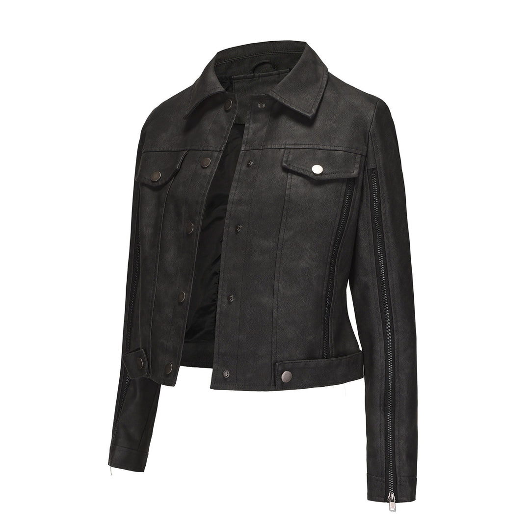 Damen nan kurze Cropped-Truckerjacke aus Wildlederoptik mit seitlichen Reißverschlüssen und aufgesetzten Brusttaschen Drune