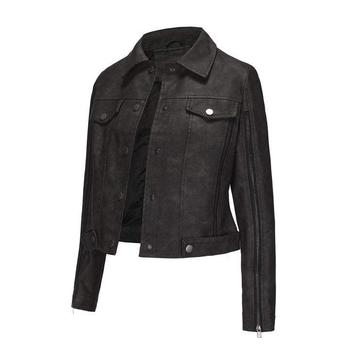 Damen nan kurze Cropped-Truckerjacke aus Wildlederoptik mit seitlichen Reißverschlüssen und aufgesetzten Brusttaschen Drune