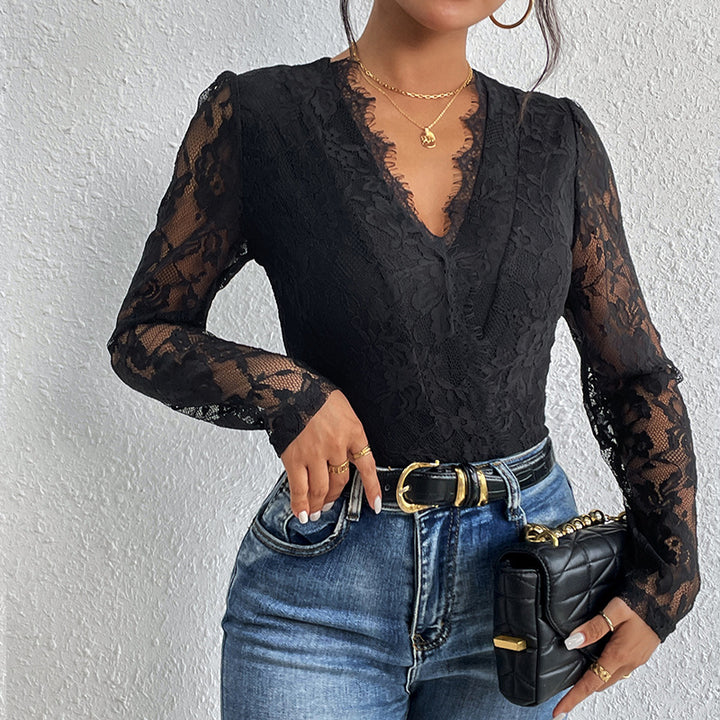Damen Spitzenbody mit raffiniertem V-Ausschnitt und eleganten Rüschendetails Drune