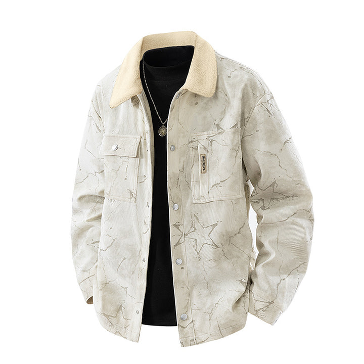 Men's  marbled corduroy sherpa-collar overshirt jacket with flap chest pockets Drune