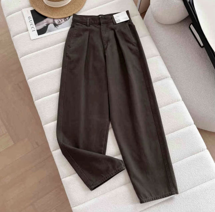 Damen weite Chino-Hose mit hohem Bund und praktischen Taschen Drune