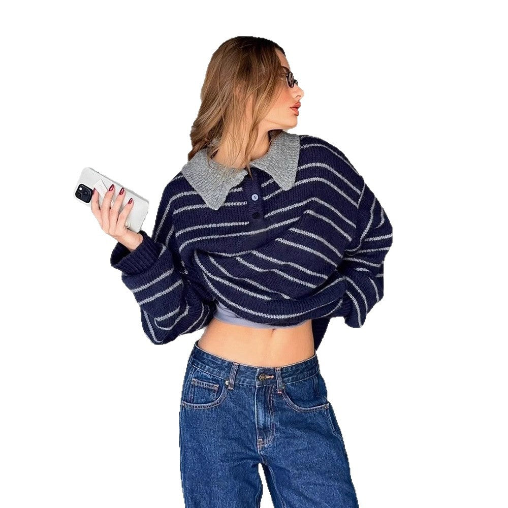 Damen Oversize Strickpullover mit Polokragen & Streifenmuster Drune