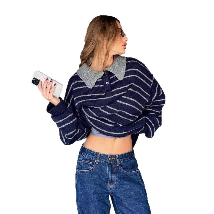 Damen Oversize Strickpullover mit Polokragen & Streifenmuster Drune