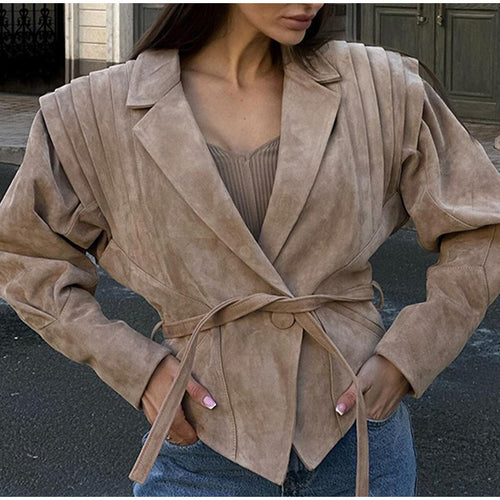 Damen Modischer Blazer mit geglätteten Schulterdetails und Bindegürtel Drune