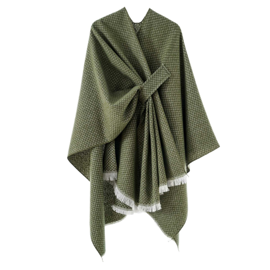 Damen Umlegbarer Wollmix-Poncho mit Hahnentritt-Jacquard und Bindegürtel Drune