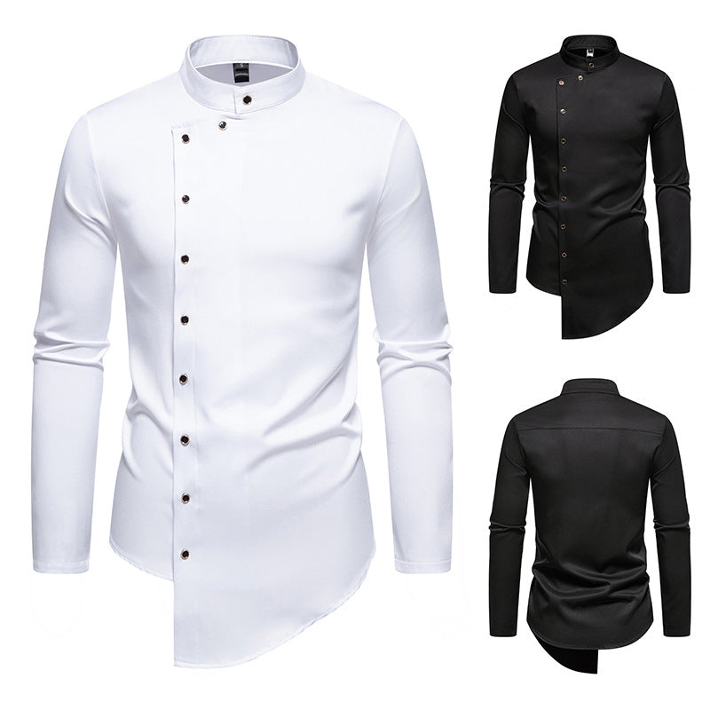 Herren modern geschnittenes Langarmhemd mit asymmetrischer Knopfleiste und Stehkragen Drune