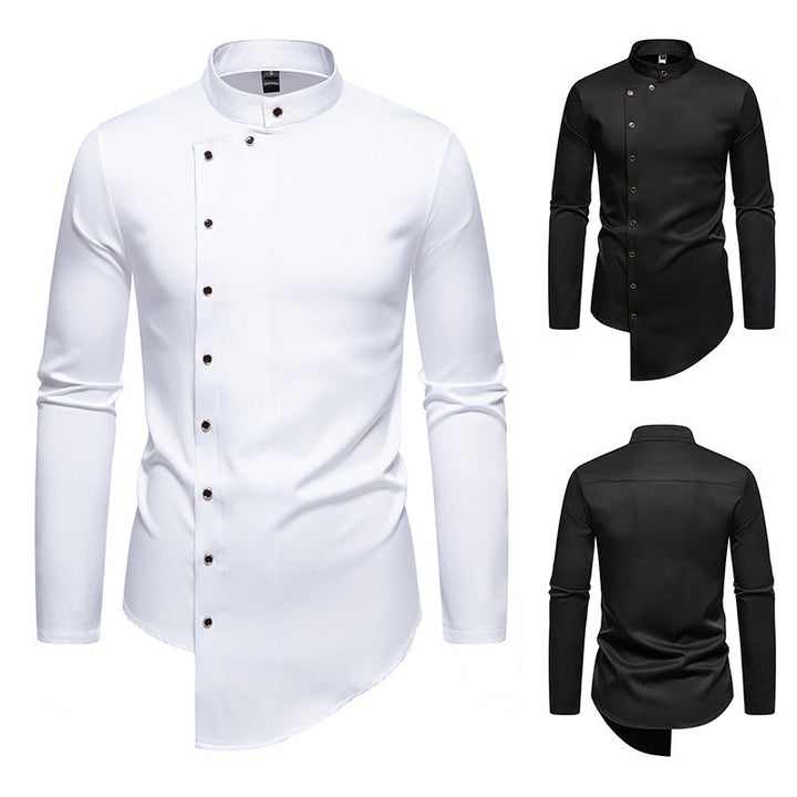 Herren modern geschnittenes Langarmhemd mit asymmetrischer Knopfleiste und Stehkragen Drune