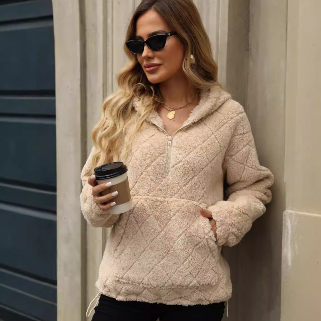 Damen Flauschiger Hoodie mit Stehkragen und Kängurutasche Drune