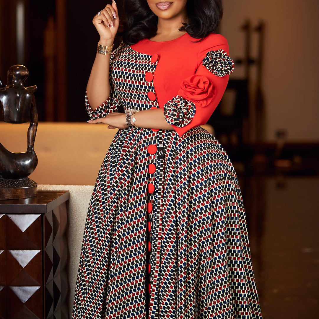 Damen Elegantes Kleid mit grafischem Muster und mehrfarbigen Details Drune