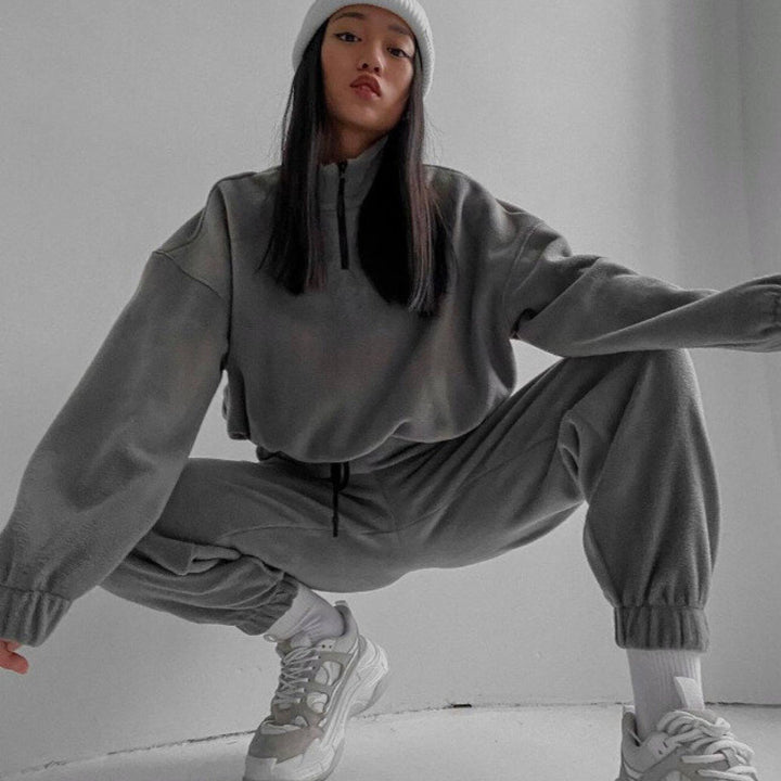 Damen bequeme Fleece-Loungejacke mit verkürztem Reißverschluss und elastischem Bund Drune