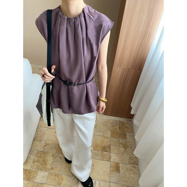 Damen elegantes Oberteil mit dekorativem Kragen und Bindegürtel Drune