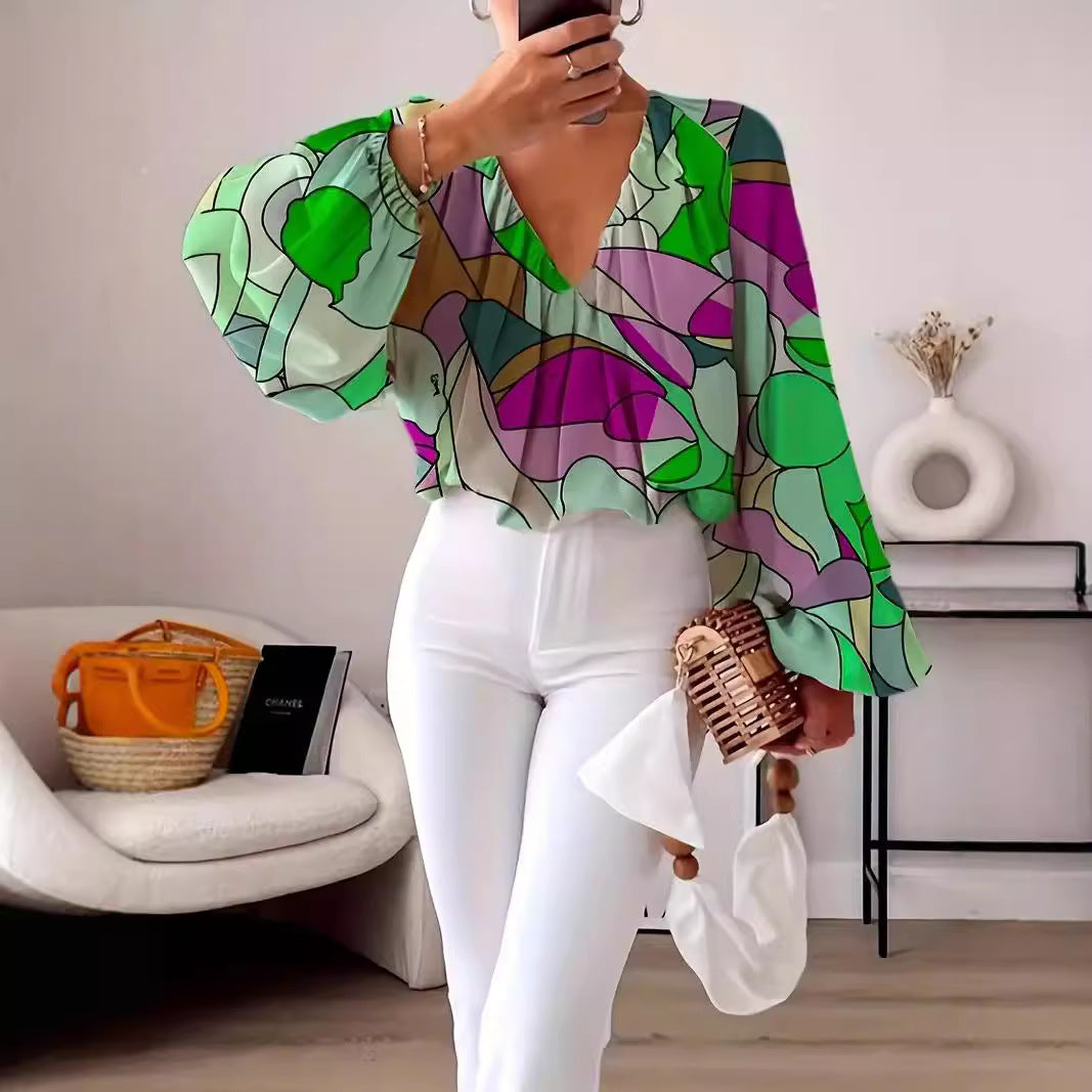 Damen Bluse mit V-Ausschnitt und modischem Grafikdesign Drune
