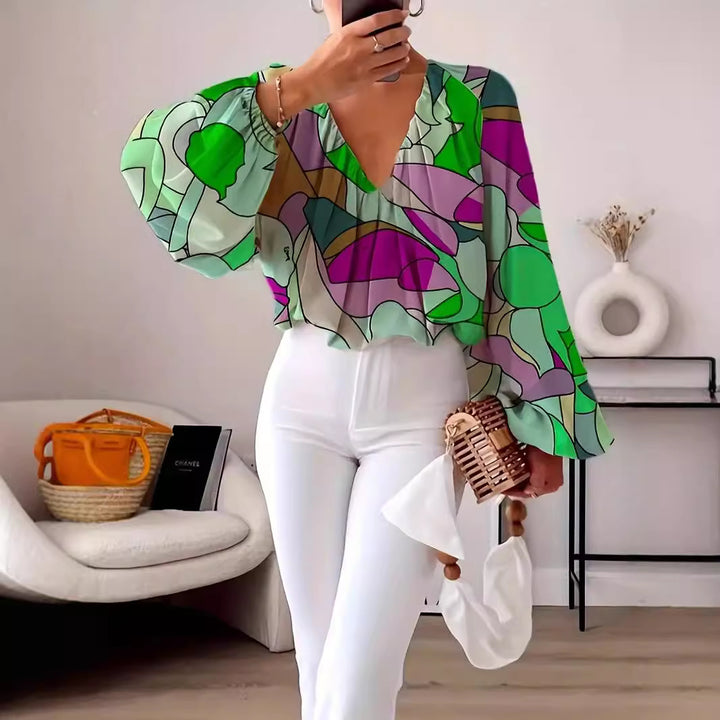 Damen Bluse mit V-Ausschnitt und modischem Grafikdesign Drune