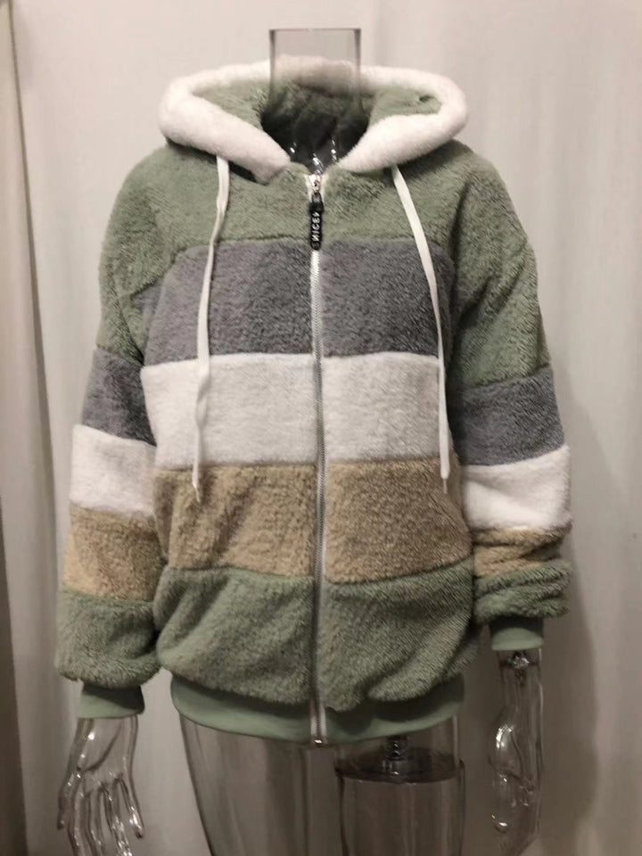 Damen nan oversized Kunstfell-Patchwork Kapuzenjacke mit Rippbündchen und Zweiwege-Reißverschluss Drune