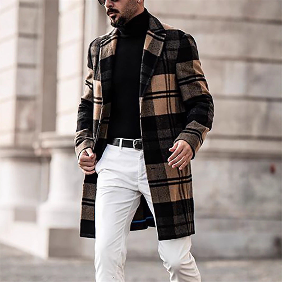 Herren Langer karierter Wollmix-Mantel mit Reverskragen und schlanker Silhouette Drune