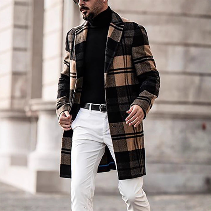 Herren Langer karierter Wollmix-Mantel mit Reverskragen und schlanker Silhouette Drune